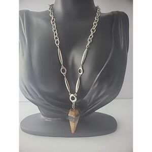 Vintage Lia Sophia Necklace Chain Pendant Pendulum Brown Agate Jewelry Costume